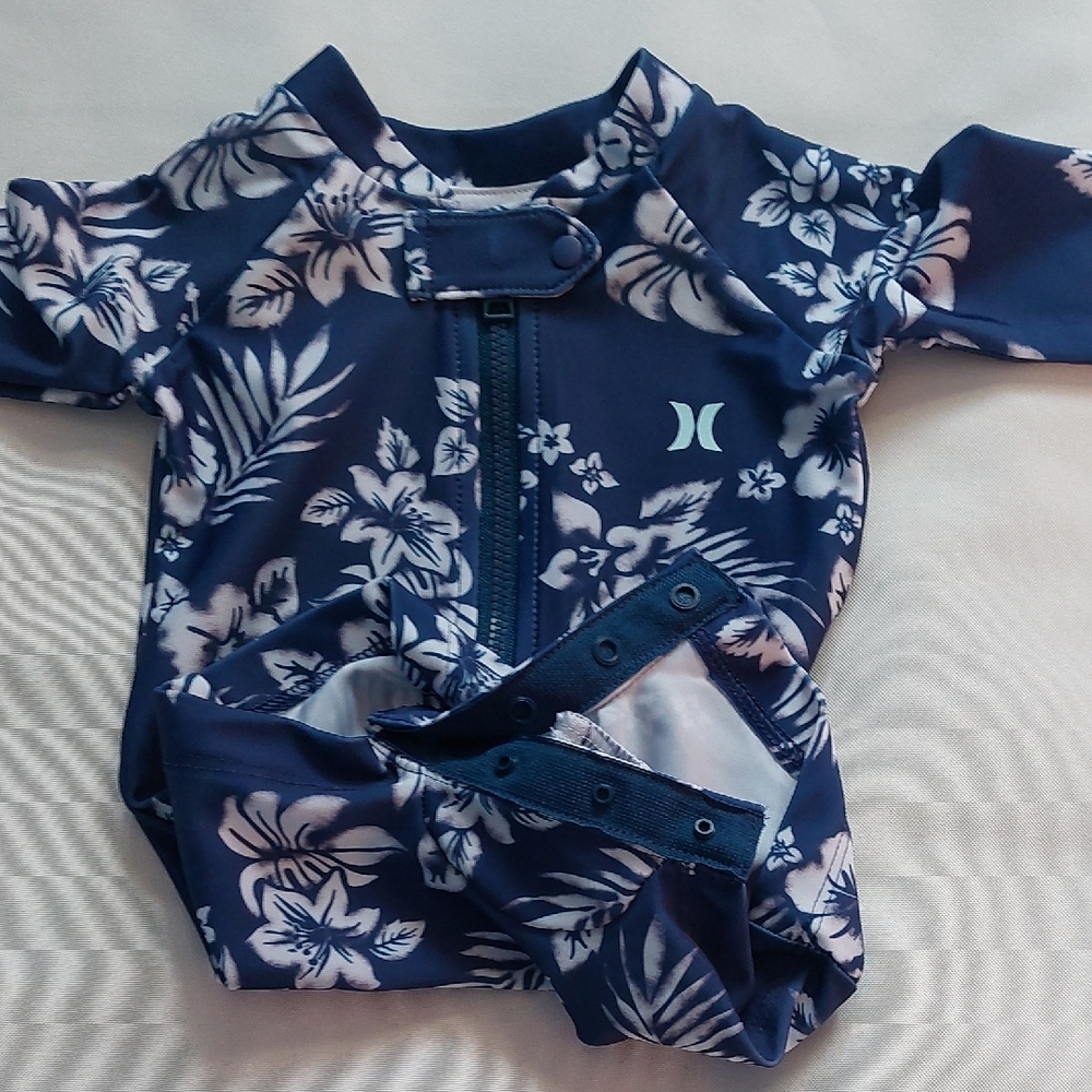 Hurley Kids Floral Swim Romper Blue one Piece Newborn - Picture 5 of 8